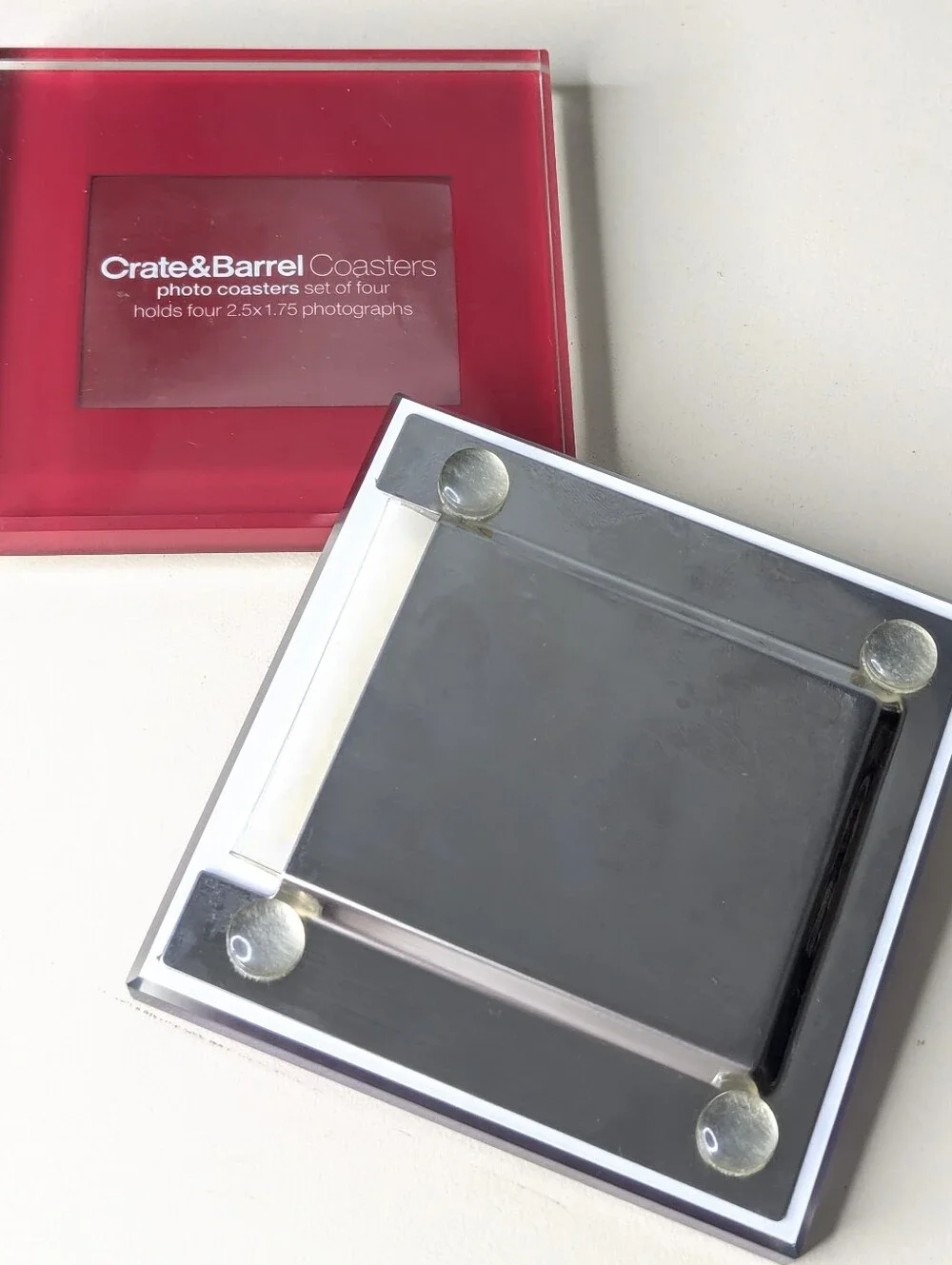 Crate&Barrel Colored Glass Picture Frame Coasters In Dark Wood Holder Set Of 4